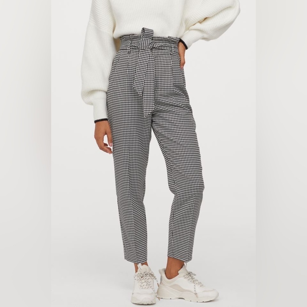 H&M Houndstooth Black White Paper Bag Belted Pants Size 8